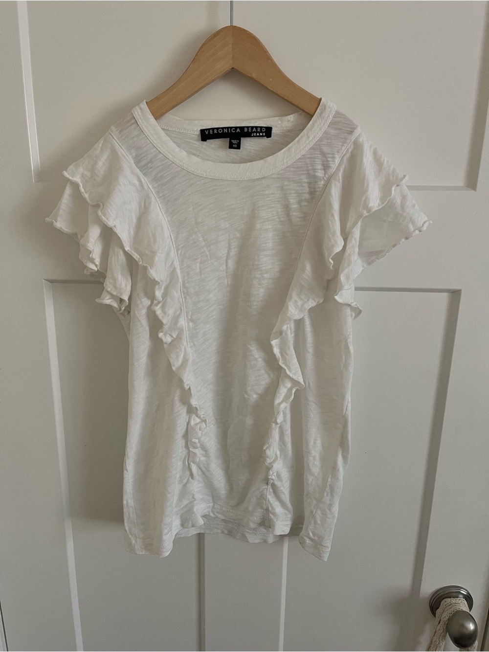 Veronica Beard White Ruffle Sleeve Cotton Tee